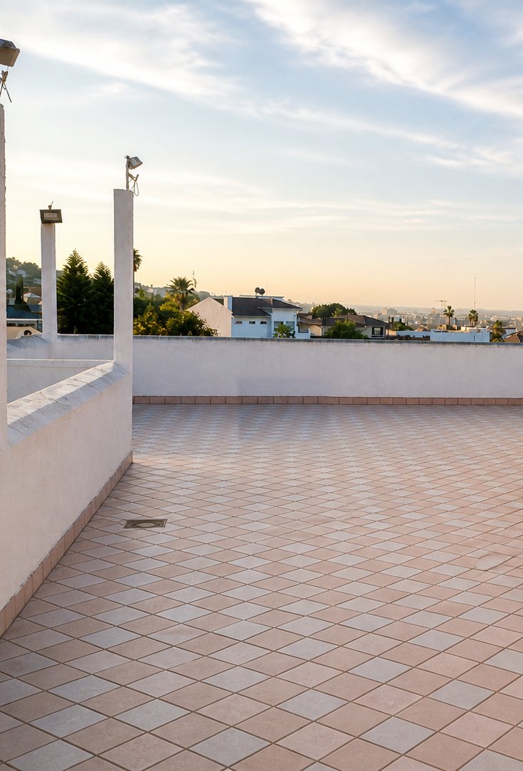 Vista a la ciudad desde la terraza al atardecer